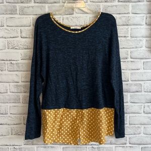 Le Lis Heathered Navy Blue top with mustard polka dot shirt hem and neck trim